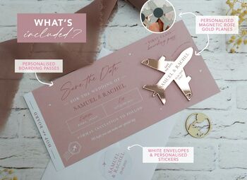 Dusky Pink Wedding Boarding Pass Save The Date With Rose Gold Magnetic Plane, 2 of 6