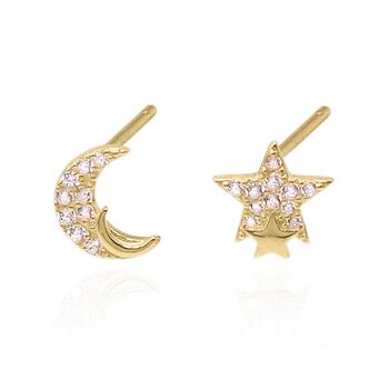 Kandra Double Moon And Star Studs | 18 K Gold Plated, 2 of 4