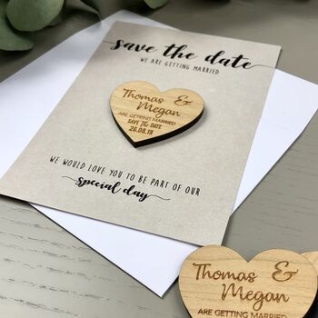 Save The Date Heart Wooden Magnet Wedding Invitation, 9 of 9