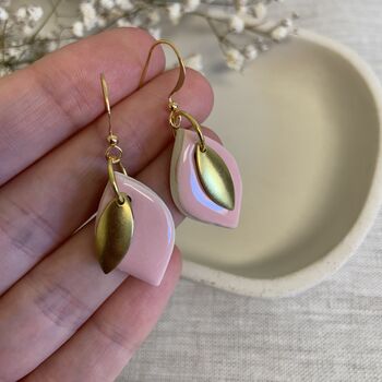 Pink Ceramic Leaf Earrings Gold Plated, 6 of 7