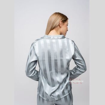 Beige Stripe Satin Women's Silk Sleepwear Pyjama Set, 9 of 12