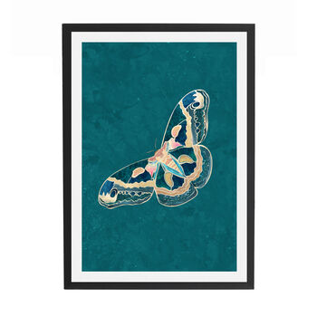 Moth Green Turquoise Gold Butterfly Art Print, 3 of 4