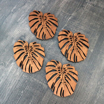 Wooden Drinks Coasters With Monstera Leaf Design, 5 of 6