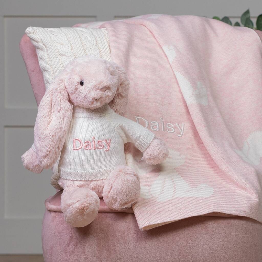 Personalised Pink Bashful Blanket And Bunny Baby Set, 1 of 7