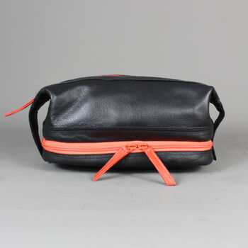 Black Leather Open Top Wash Bag With Orange Zip, 4 of 7