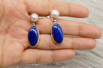 Lapis Lazuli, Pearl Sterling Silver Earrings, 5 of 7
