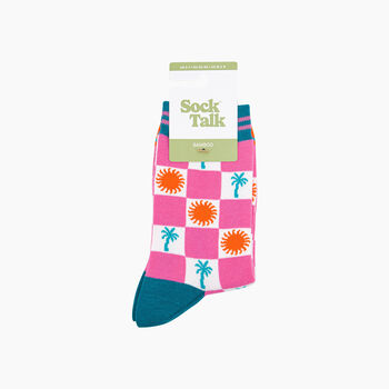 Palm Tree Sun Checkerboard Bamboo Socks In Pink, 4 of 4