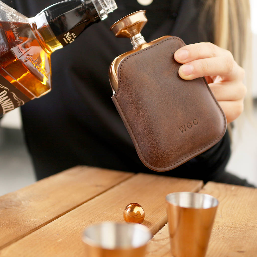 Copper Hip Flask Set With Personalised Leather Sleeve, 1 of 12