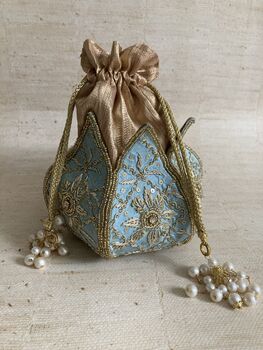 Light Blue Handcrafted Raw Silk Potli Bag/Wrist Bag, 7 of 9