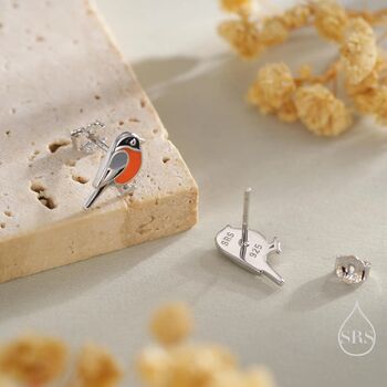 Sterling Silver Tiny Bullfinch Bird Stud Earrings, 3 of 11