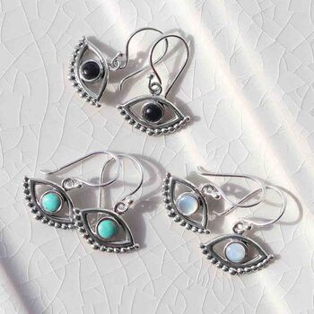 Sterling Silver Gemstone Evil Eye Dangly Earrings, 4 of 10