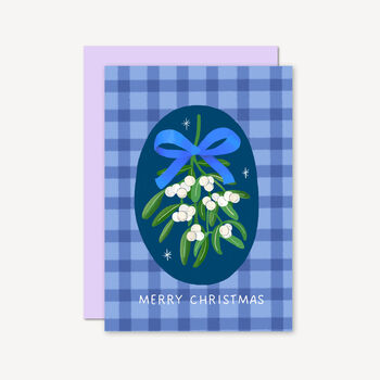 Christmas Card In With Blue Gingham Pattern And Mistletoe, 3 of 3