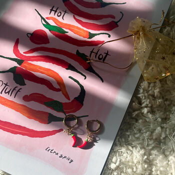 Chilli A4 Art Print And Chilli Earrings Gift Set, 6 of 9