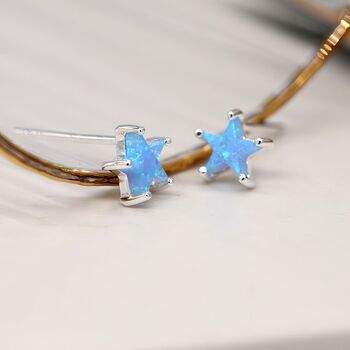 Sterling Silver Blue Opal Star Stud Earrings, 2 of 8