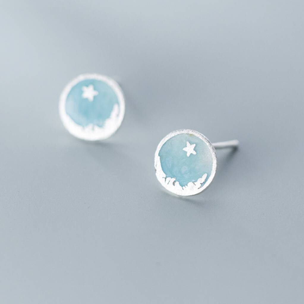 Sterling Silver Blue Moon And Star Stud Earrings, 1 of 5