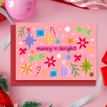 Pack Of Ten Pink Christmas Cards, Merry And Bright Pink, 3 of 5