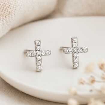 Sterling Silver Cubic Zirconia Cross Stud Earrings – 8mm, 3 of 7