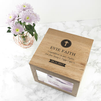 Personalised Christening Oak Photo Keepsake Box, 2 of 6