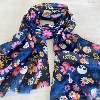 Navy Retro Skulls And Flowers Scarf, 3 of 6