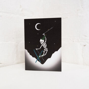 Skiing Skeleton Elf Gothic Christmas Card, 2 of 3