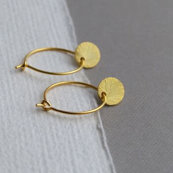 Brushed Gold Plated Sterling Silver Disc Hoops, 7 of 7