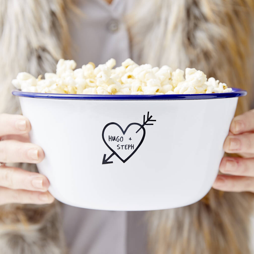Carved Heart Enamel Personalised Popcorn Bowl, 1 of 4