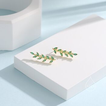Emerald Cz Leaf Crawler Earrings, 9 of 12