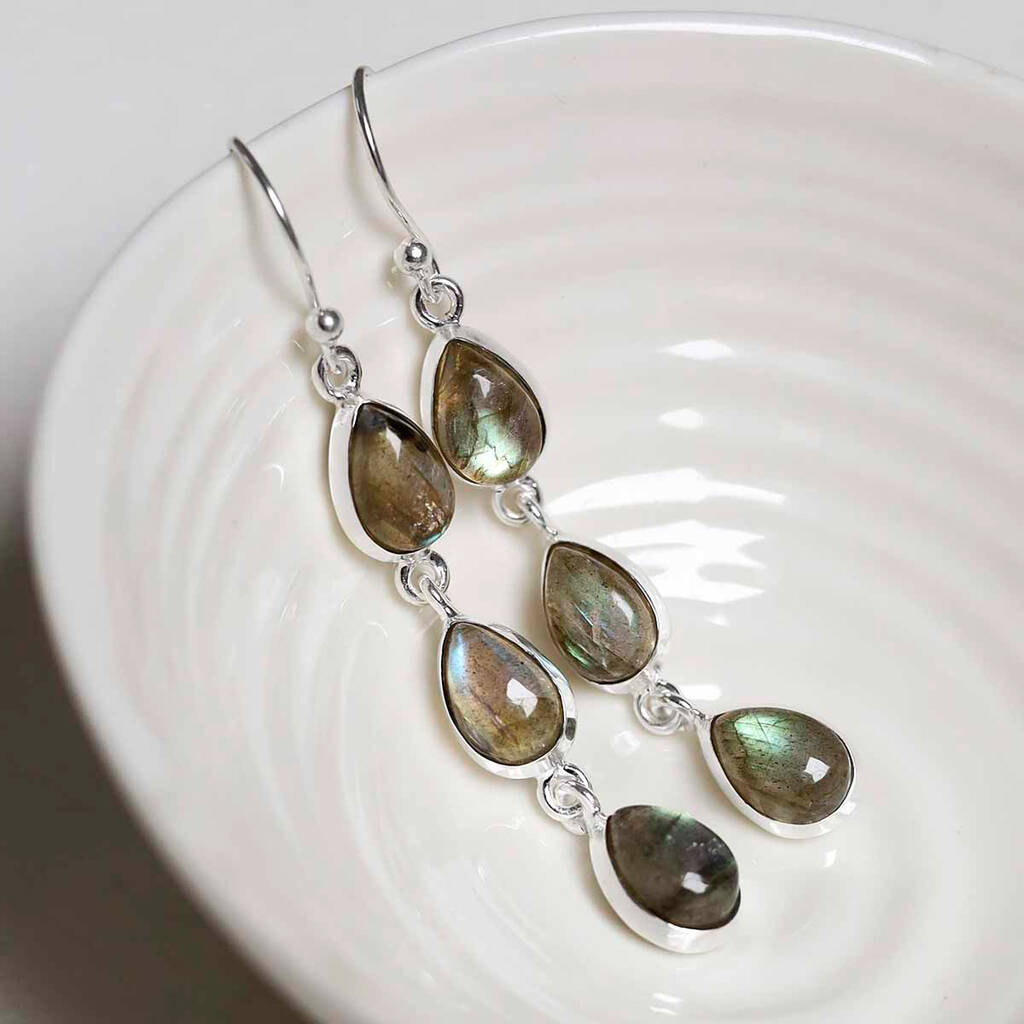 Sterling Silver Triple Labradorite Dangly Teardrops, 1 of 4
