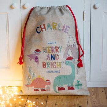 Merry And Bright Christmas Dinosaurs Sack, 2 of 5
