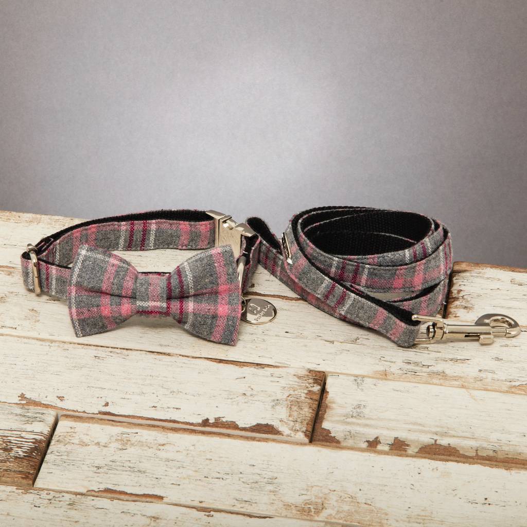 The Winchester Grey Pink Checked Dog Bow Tie Lead Set, 1 of 7