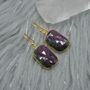 Ruby Zoisite Earrings: Gold Plated Silver, Anyolite, Teardrop Or Rectangular Dangle Drop, 5 of 12