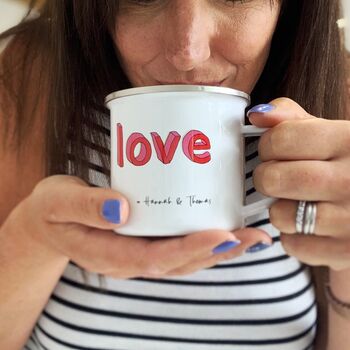 Couples 'Love' Enamel Mug Set With Couples Names, 6 of 6