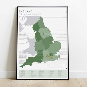 England Golf Map And Checklist Top 50 Courses By Replay Prints 