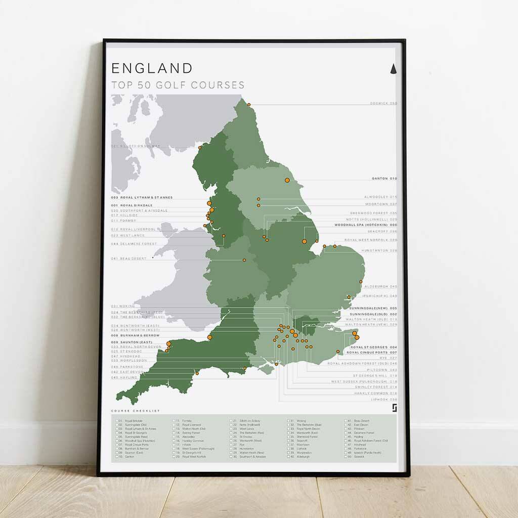 England Golf Map And Checklist Top 50 Courses By Replay Prints