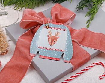 12 Christmas Gift Tags With Cute Christmas Jumper Design And Gold Twine, 3 of 4