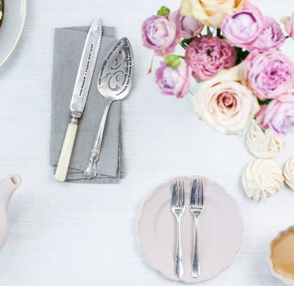 Personalised Vintage Cake Slice, Knife And Forks By La de da! Living