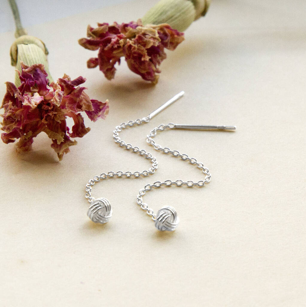 Sterling Silver Petite Knot Threader Earrings, 1 of 3