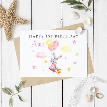 Personalised Pink Rabbit And Balloons Birthday Card, 2 of 2