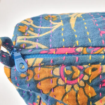 Handmade Toiletry Bag, Blue Kantha Stitch Sari Fabric, 4 of 10