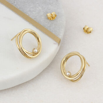 18ct Gold Plated And Pearl Spiral Stud Hoop Earrings, 2 of 5