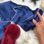 Luxury Christmas Pyjama Gift Set For Her – Royal Blue Satin Pjs, Eye Mask, Candle And Socks, thumbnail 3 of 9