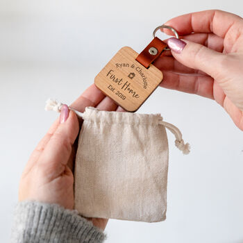 Personalised First Home Wooden Keyring For Couples, 2 of 4
