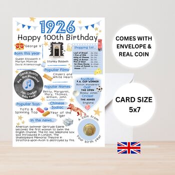 100th Birthday Card With 1926 Coin Choose Card Colour, 2 of 3