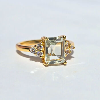 Green Amethyst Emerald Cut Ring In Sterling Silver And Gold, 5 of 12