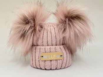 Rose Gold Double Pom Pom Knitted Hat, 3 of 4