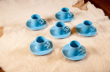 Set Of Six Porcelain Espresso Cup And Saucer Blue, 5 of 8