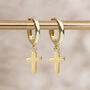 Yellow Gold Plated Cross Huggie Hoop Earrings, thumbnail 1 of 5