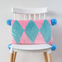 Pink Pompom Velvet Harlequin Cushion, thumbnail 1 of 4