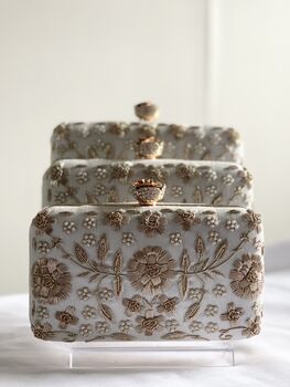 Sofia Embroidered Rectangle Clutch With Flower Clasp In White Colour, 2 of 6