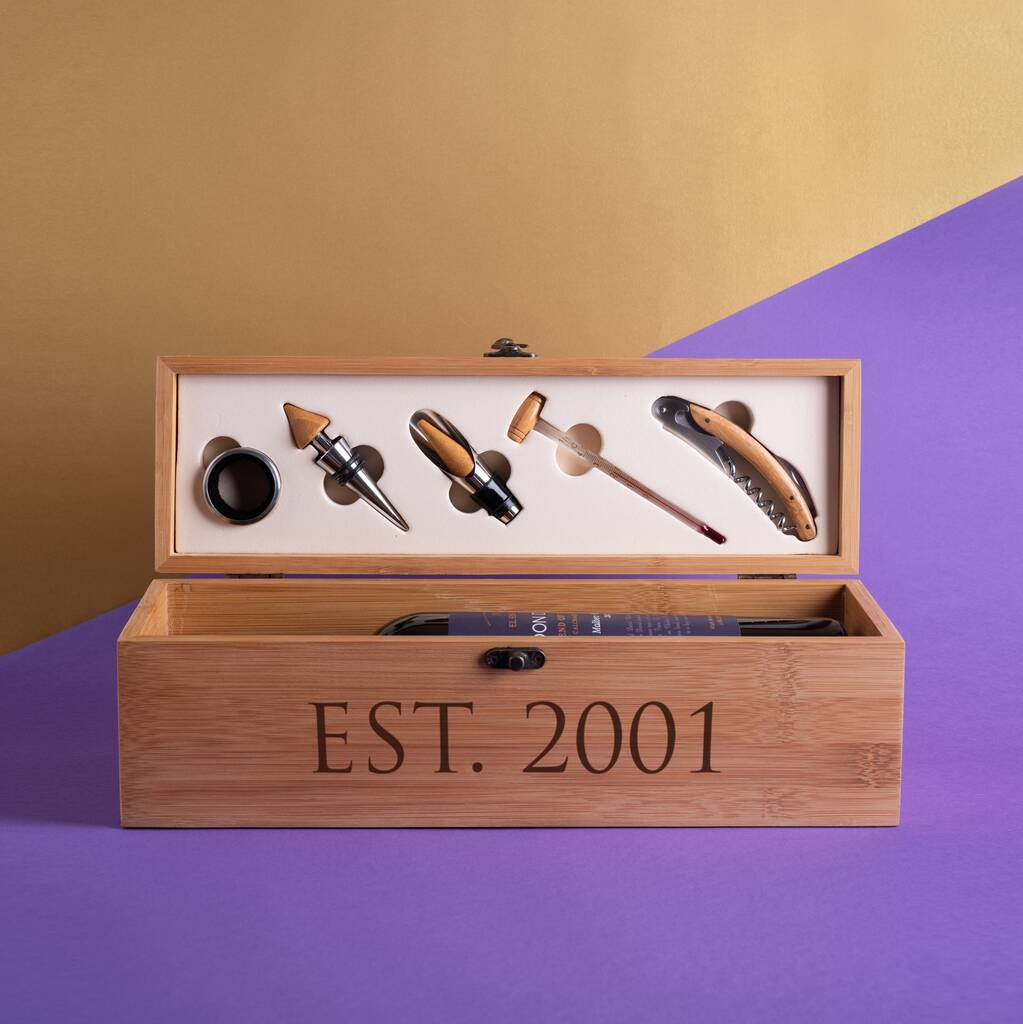 Personalised Wooden Wine Box With Accessories By The Glass Yard